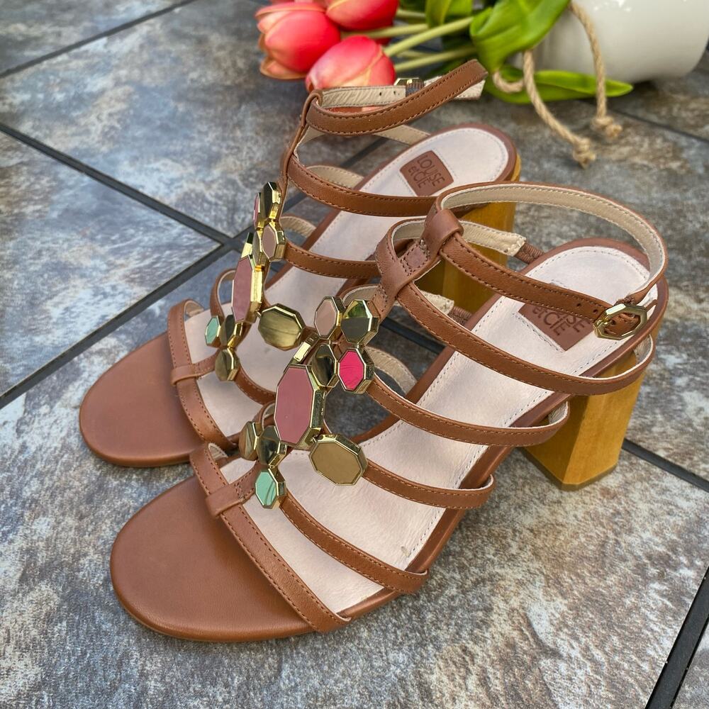 Louise et Cie Leather Jeweled T-Strap Gladiator Block Heel Sandals Cognac Brown - Picture 3 of 13